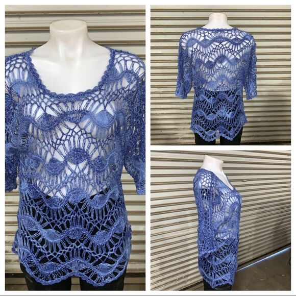 LASeine blue/purple crocheted short sleeve top - Picture 1 of 6